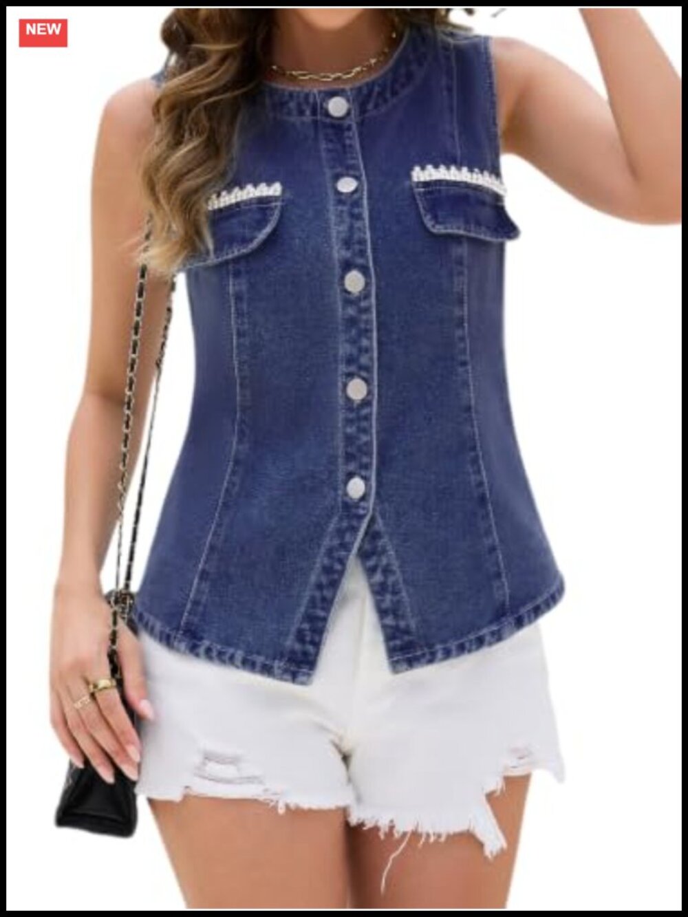 Women Rhinestone Denim Vest Sleeveless Jean Jacket Top